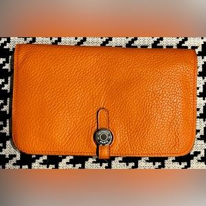 HERMES Paris Poppy Orange Dogon Duo Wallet Change Purse with bag! Vintage-2006